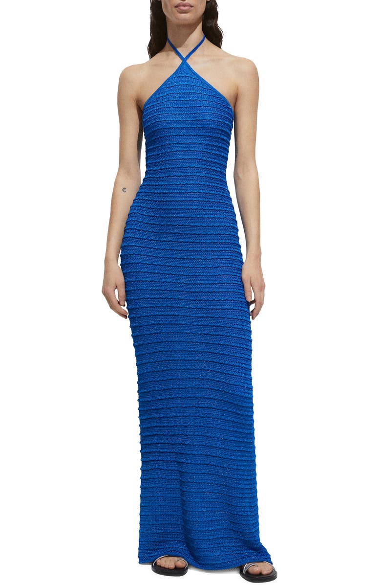 MANGO Metallic Textured Knit Halter Dress, Main, color,