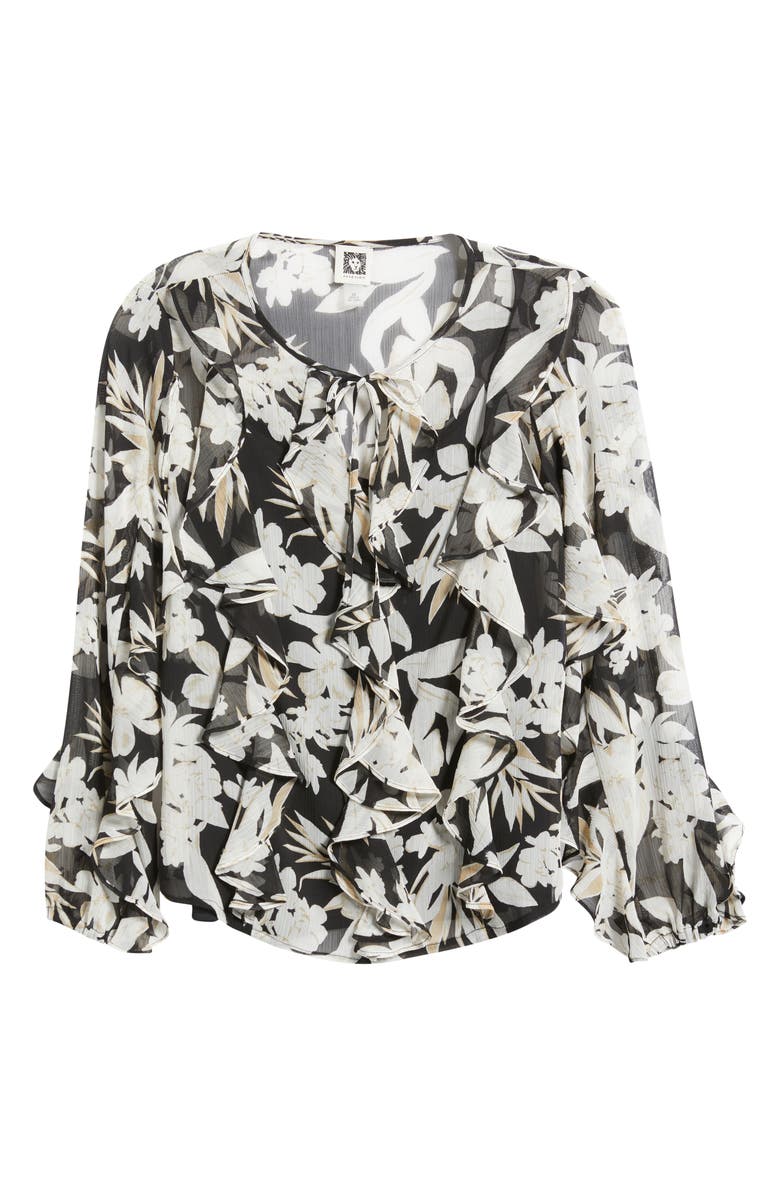 Anne Klein Print Ruffle Tie Neck Top, Alternate, color, 