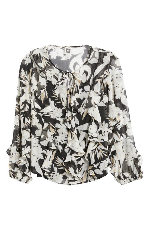 Anne Klein Print Ruffle Tie Neck Top In Anne Black Multi