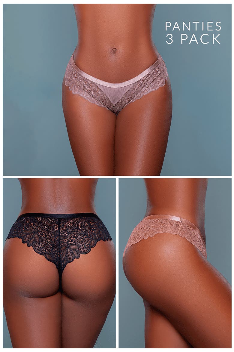 Wren 3-Pack Lace Cheeky Panties, Alternate, color, BLACK/ BRONZE/ BROWN