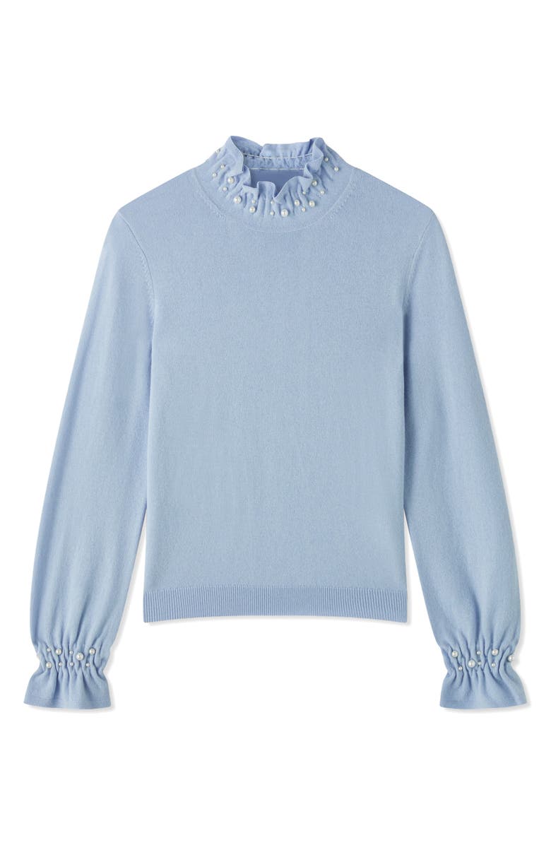 LK Bennett Vera Faux Pearl Accent Ruffle Sweater, Alternate, color, Blue Multi