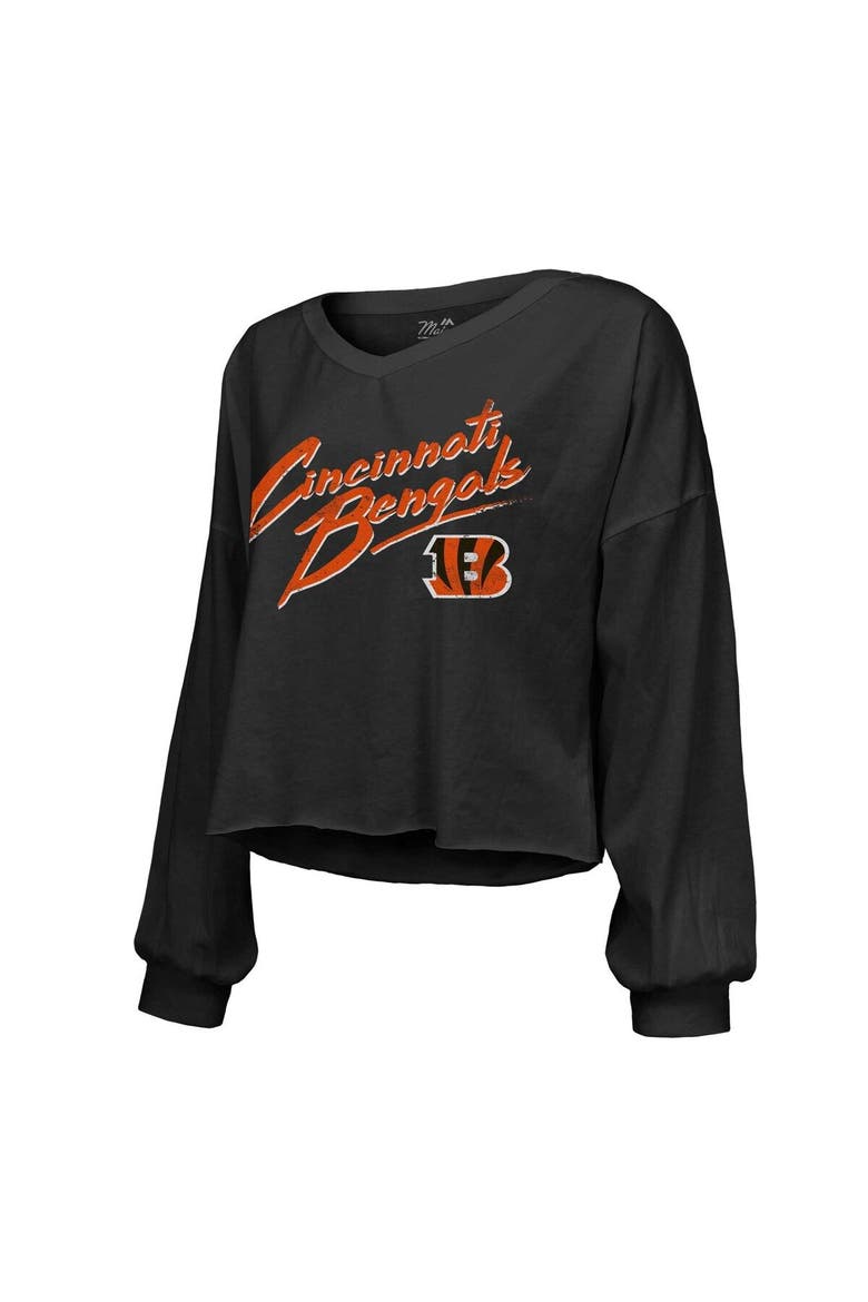 Women's Majestic Threads Joe Burrow Black Cincinnati Bengals Name & Number Off-Shoulder Script Cropped Long Sleeve V-Neck T-Shirt, Alternate, color, Black