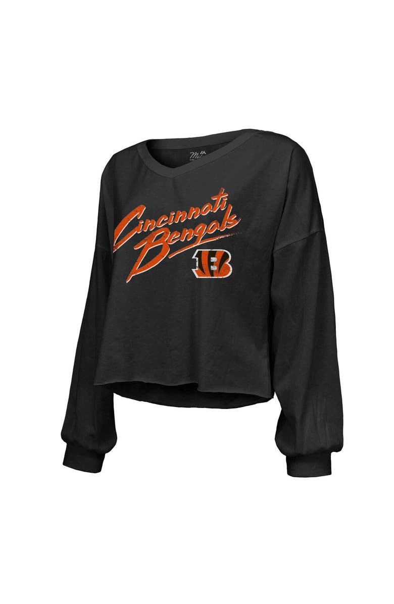 Majestic Threads Women's Majestic Threads Joe Burrow Black Cincinnati Bengals Name & Number Off-Shoulder Script Cropped Long Sleeve V-Neck T-Shirt, Alternate, color, Black