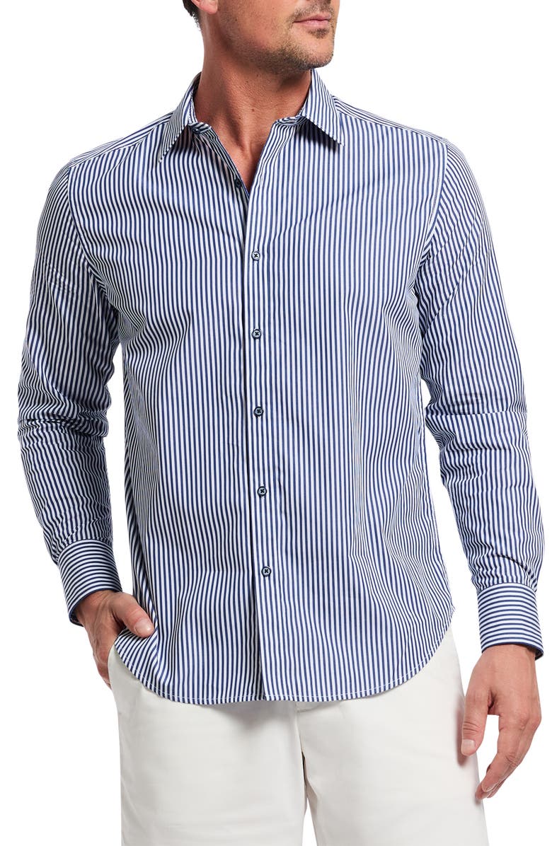 Robert Graham Greenwich Stripe Stretch Button-Up Shirt, Main, color, Navy