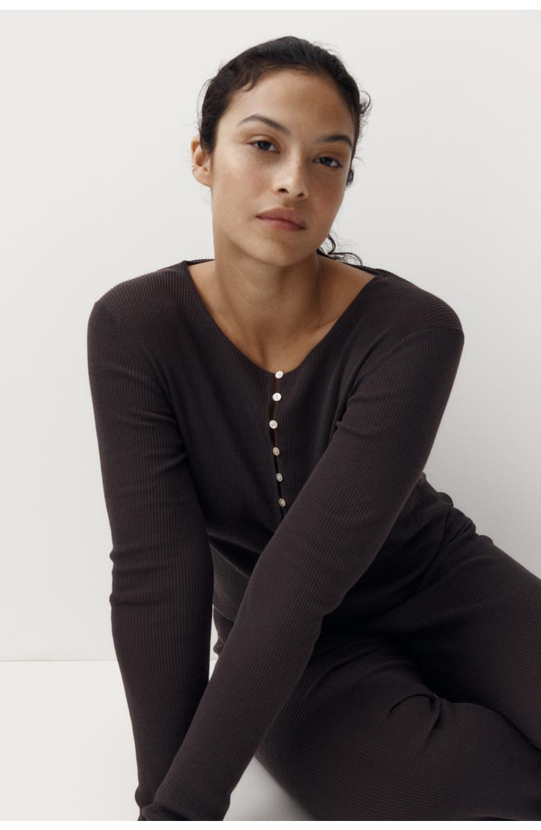 H&M Ribbed Henley Top, Alternate, color, Dark Brown