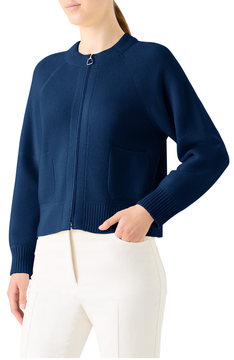 Akris Cashmere Piqué Zip-Up Cardigan, Alternate, color, Denim