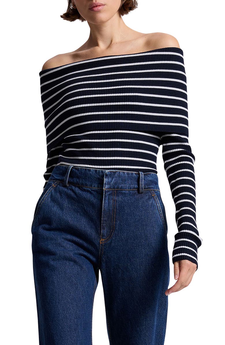 A.L.C. Evelyn Off the Shoulder Merino Wool Blend Sweater, Alternate, color, Midnight/ White