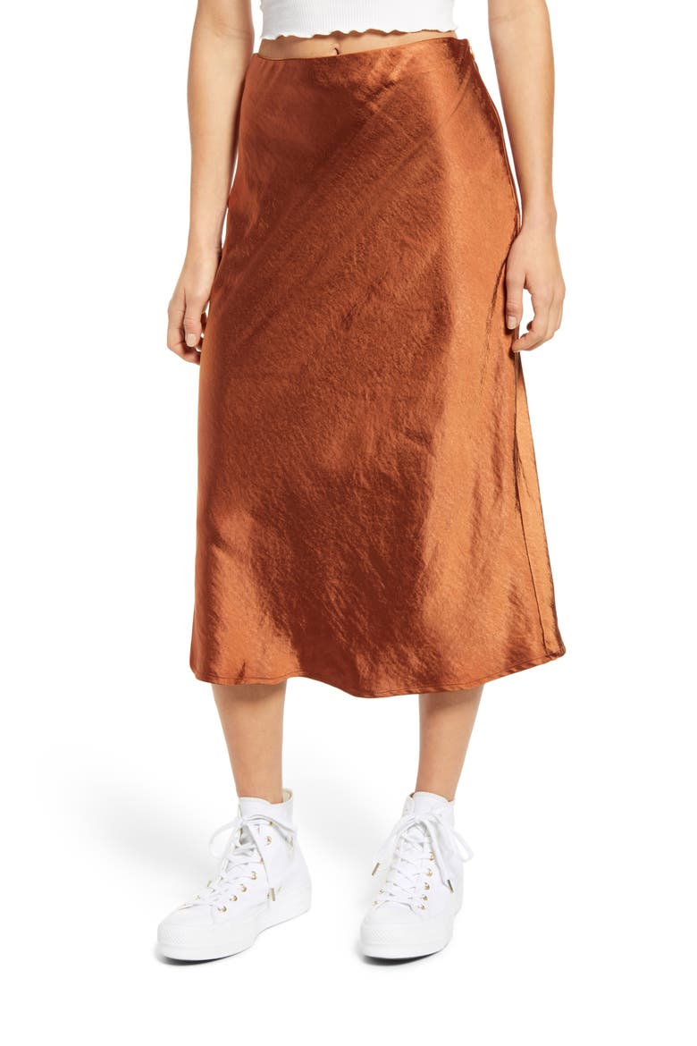 Satin A-Line Midi Skirt, Main, color, COCOA