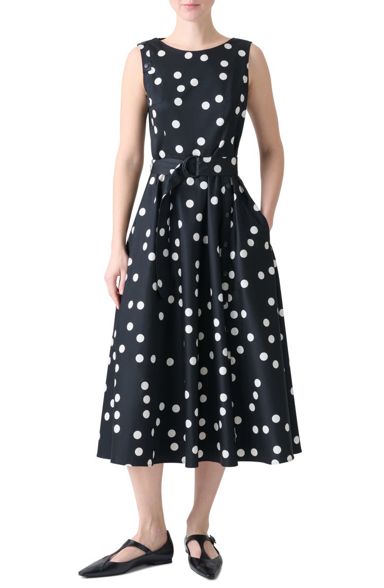 Akris punto Polka Dot Sleeveless Belted Midi Dress, Main, color, Black-Cream