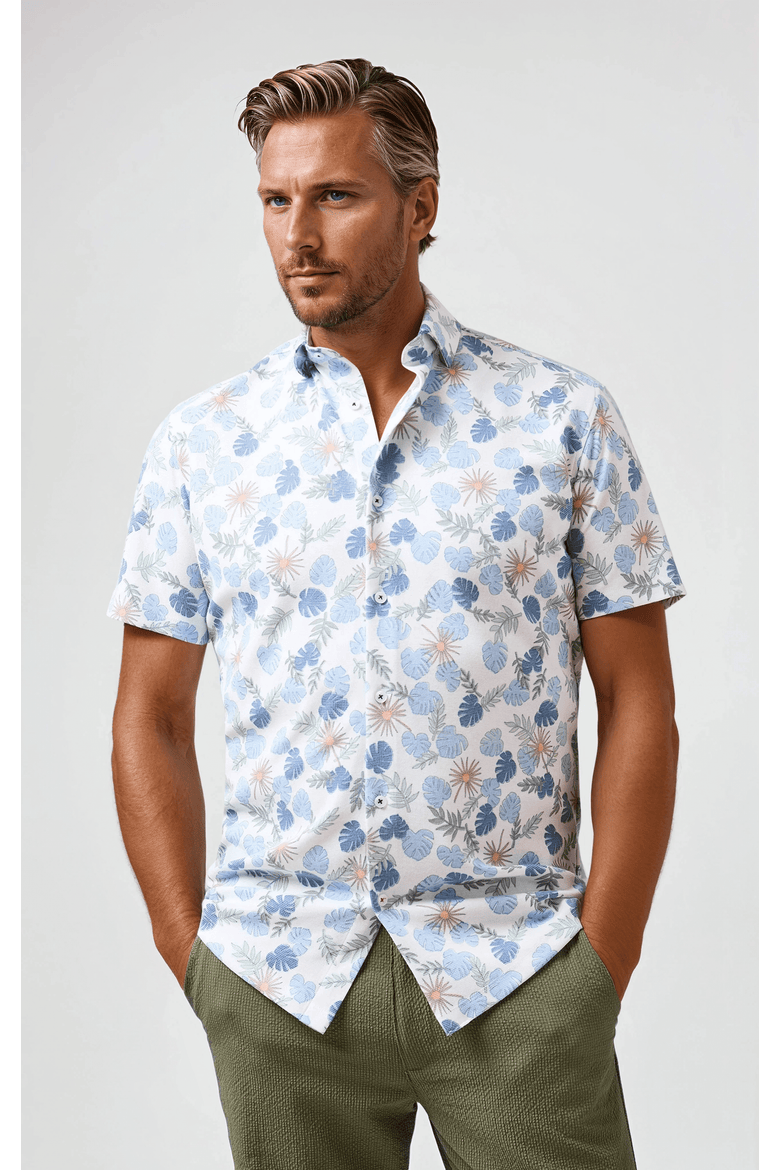 Tech Pique Resort Print SS Button-Up Shirt, Main, color, White