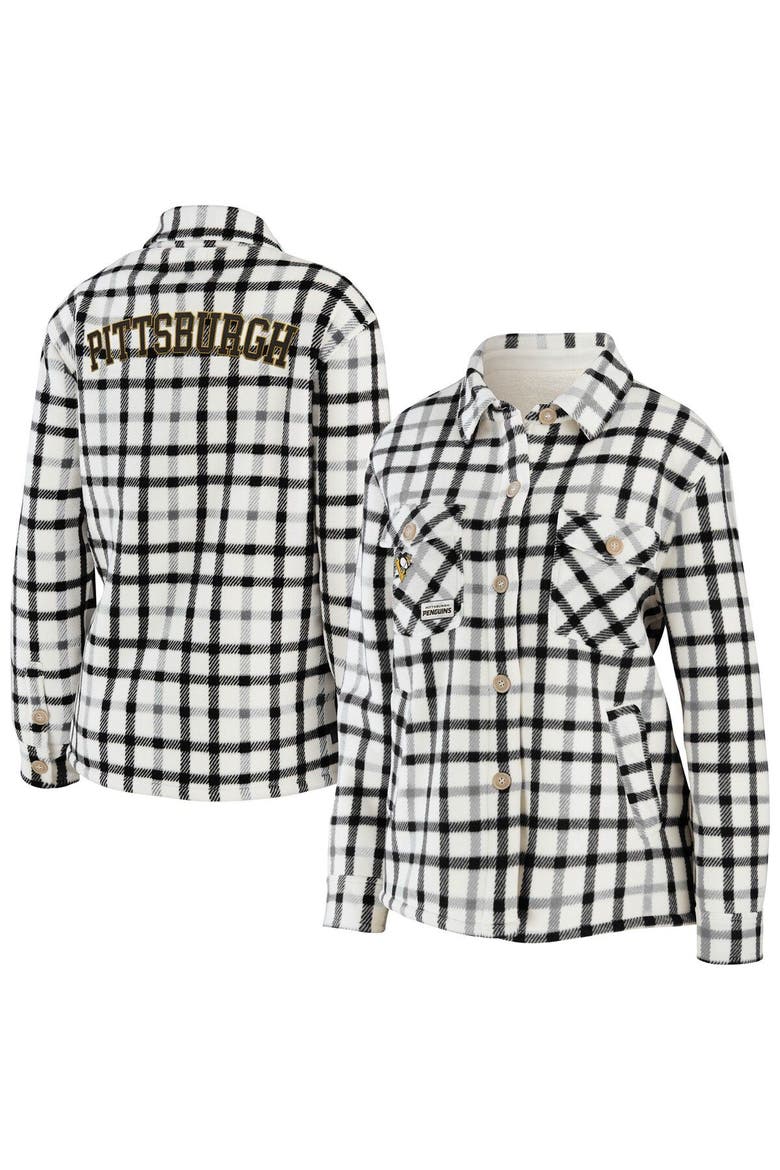Women's WEAR by Erin Andrews Oatmeal Pittsburgh Penguins Plaid Button-Up Shirt Jacket, Main, color, Oatmeal