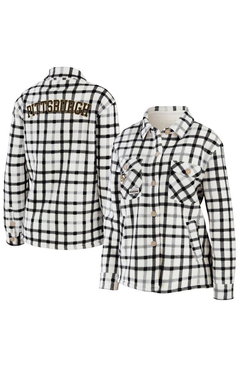 WEAR by Erin Andrews Women's WEAR by Erin Andrews Oatmeal Pittsburgh Penguins Plaid Button-Up Shirt Jacket, Main, color, Oatmeal