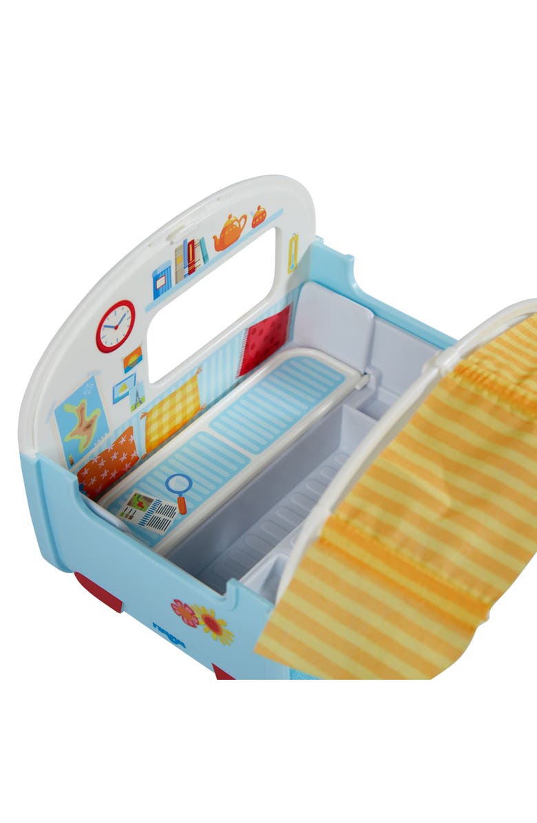 HABA Little Friends Vacation Camper Play Set with All Terrain Push & Go Vehicle, 2 Lawn Chairs and 4" Bendy Boy Doll Figure, Alternate, color, 