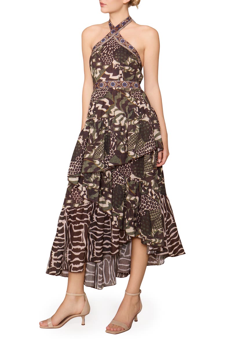 Mixed Print Tiered Asymmetric Hem Halter Dress, Alternate, color, BROWN/ MULTI GEO