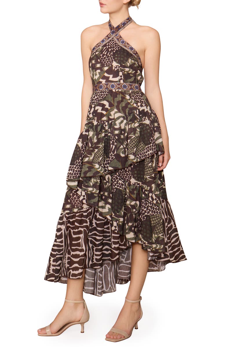 MELLODAY Mixed Print Tiered Asymmetric Hem Halter Dress, Alternate, color, Brown/ Multi Geo