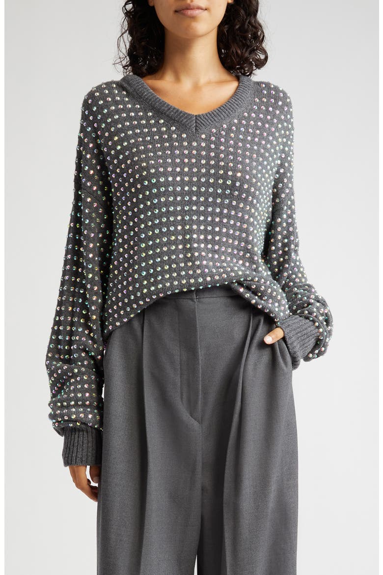Crystal Embellished V-Neck Sweater, Main, color, MEDIUM GREY