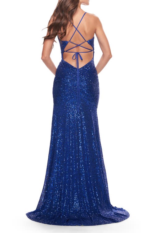 La Femme Long Sequin Gown With Dramatic Flare Skirt And Slit