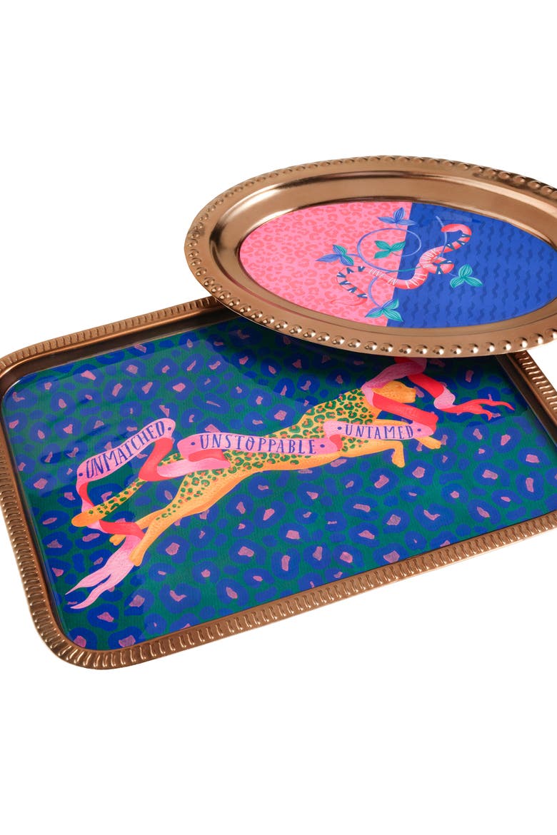 Nanpur Patterned Oval Metal Decorative Tray 12X8 In, Alternate, color, Pink