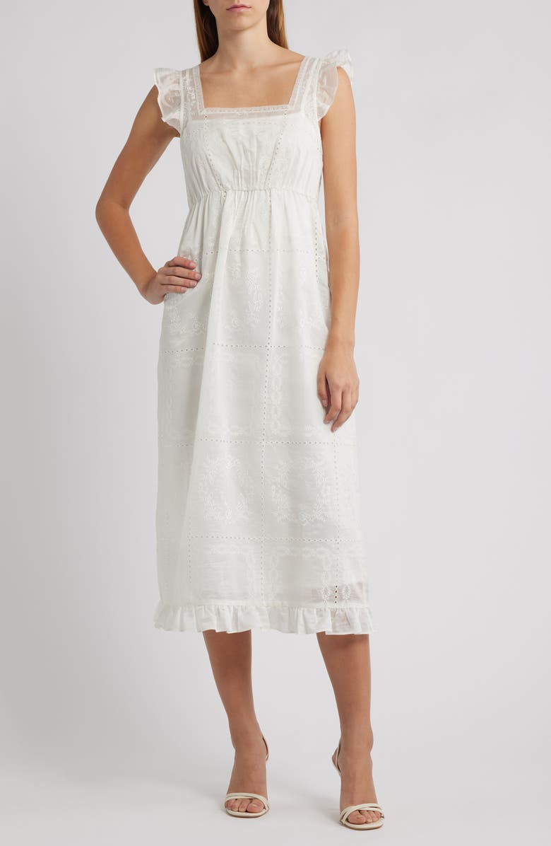 WAYF Rosalie Embroidered Midi Dress, Main, color, Eggshell