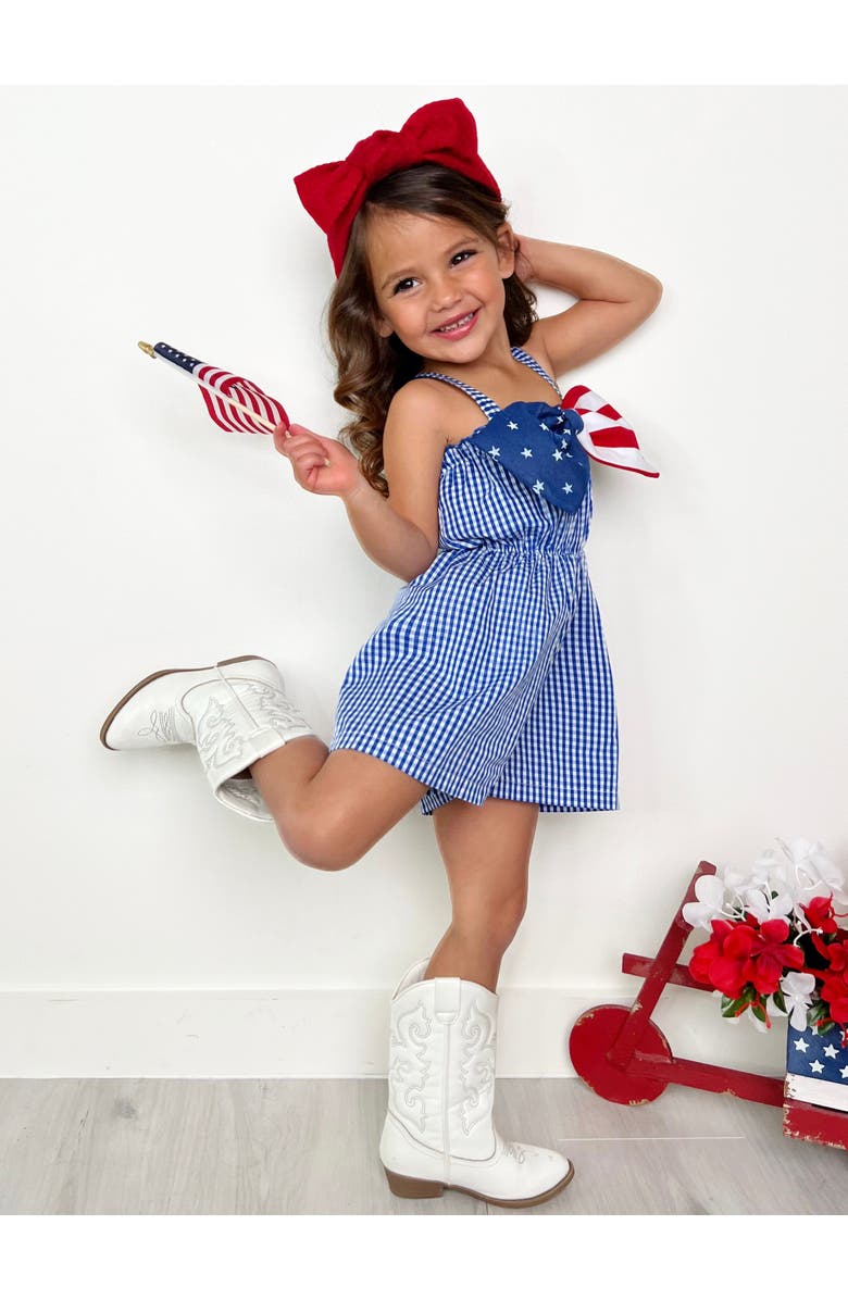 Mia Belle Girls Cute Bow Girls Romper, Alternate, color, Blue