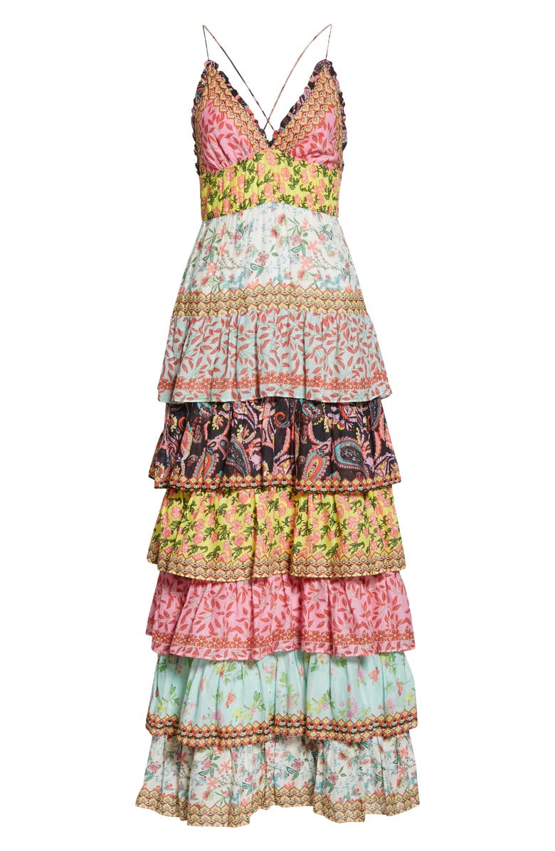 Alice + Olivia Imogene Mixed Print Tiered Ruffle Cotton Maxi Dress, Alternate, color,