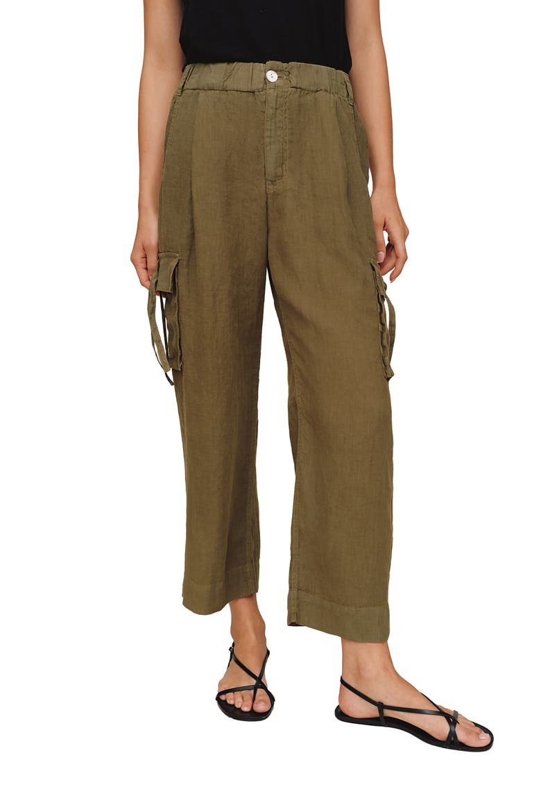 Cargo Ties Ankle Linen Pants, Main, color, OLIVE STONE