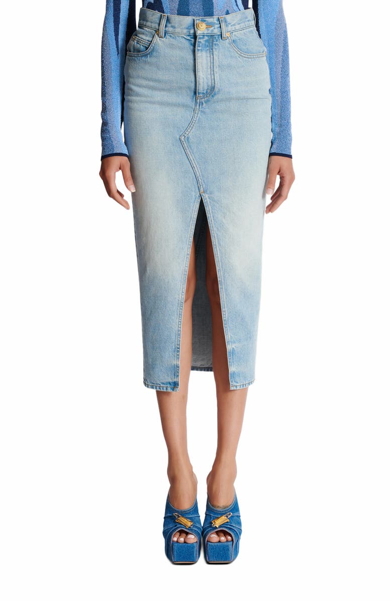 Balmain Denim Midi Skirt, Alternate, color, Blue