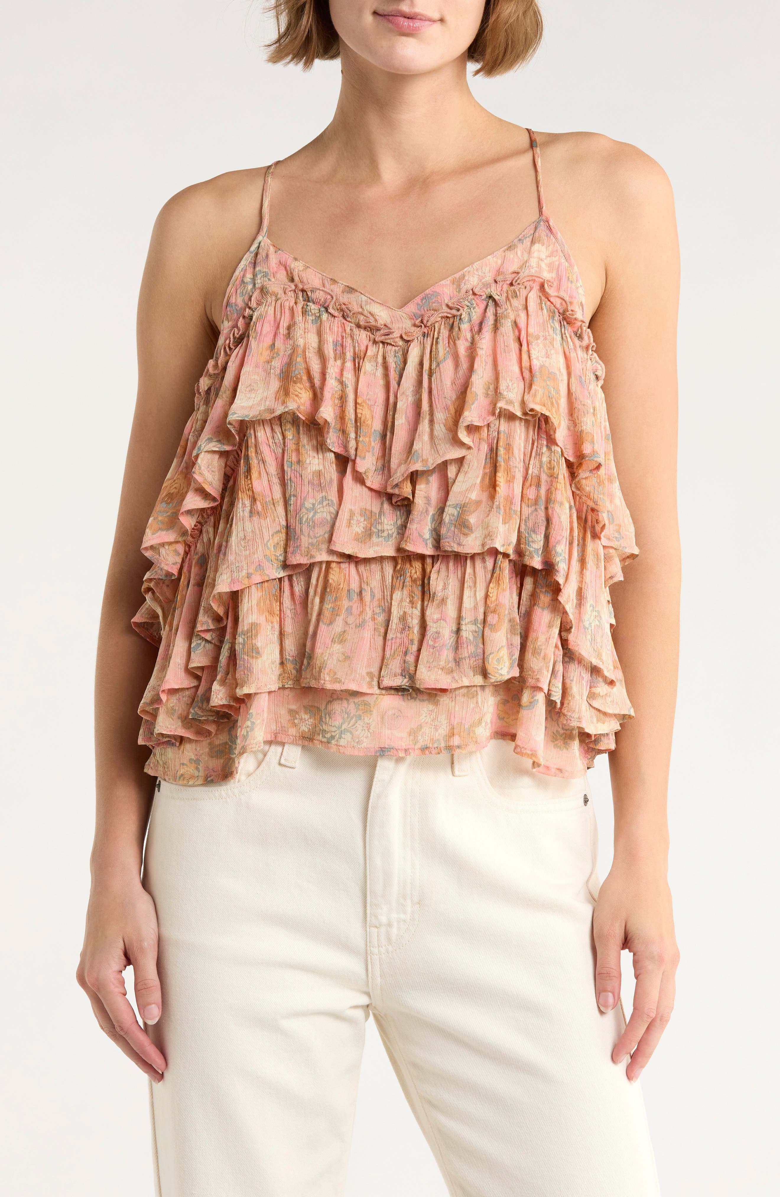 Lucky Brand Plissé Tiered Ruffle Chiffon Tank