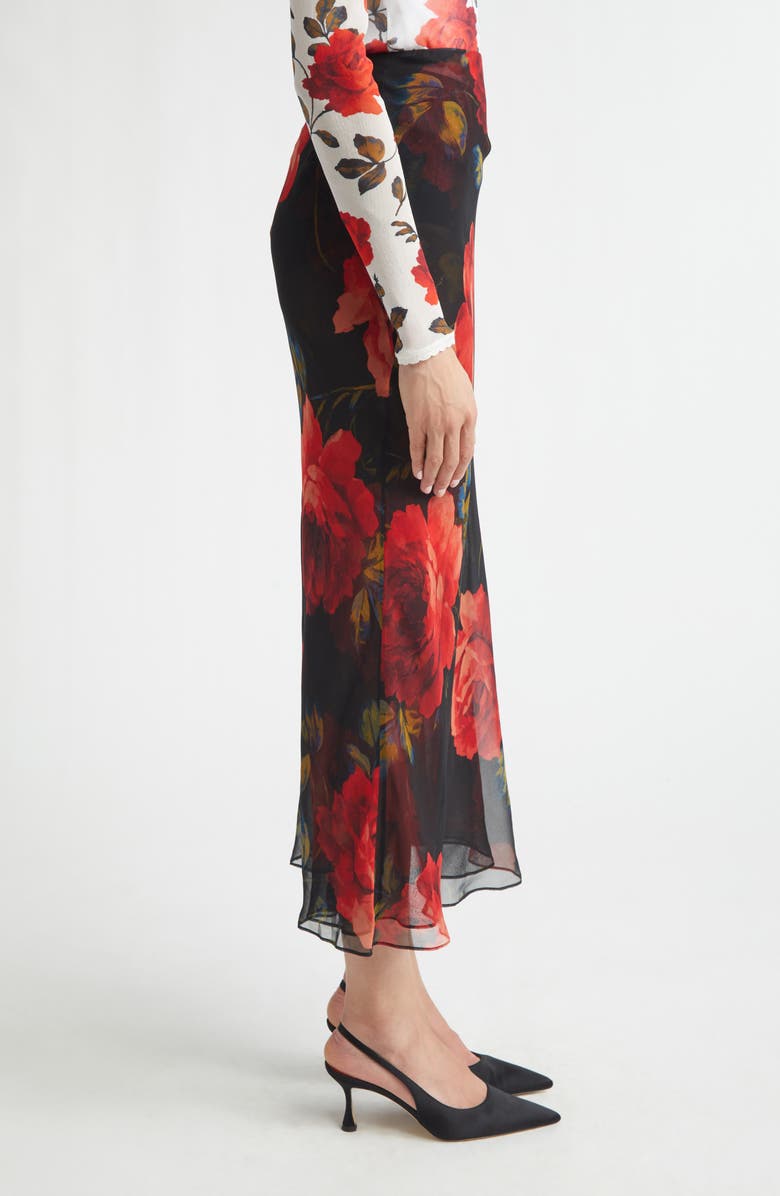 Carolina Herrera Rose Print Sheer Silk Chiffon Midi Skirt, Alternate, color, Black Multi