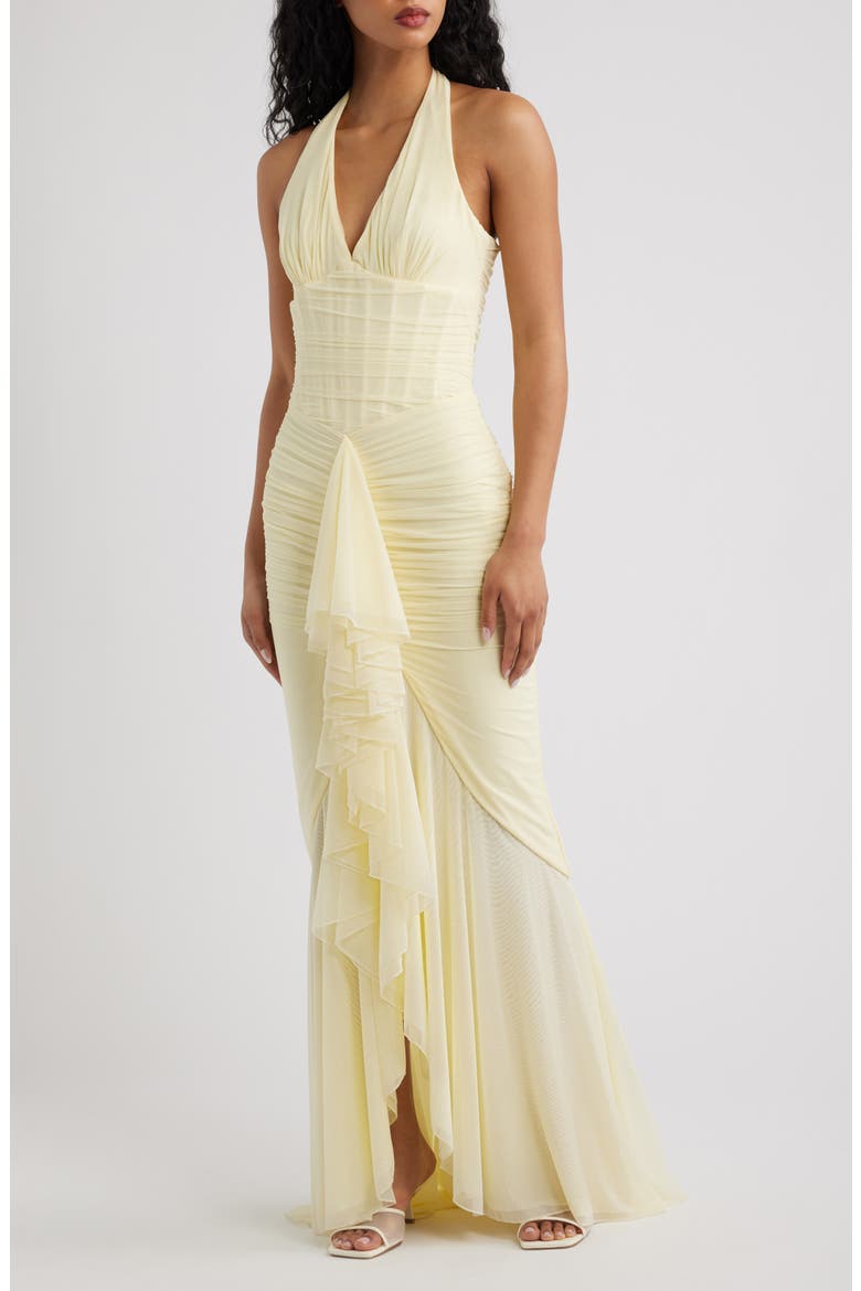 Carmine Ruched Mesh Halter Dress, Main, color, LEMON YELLOW