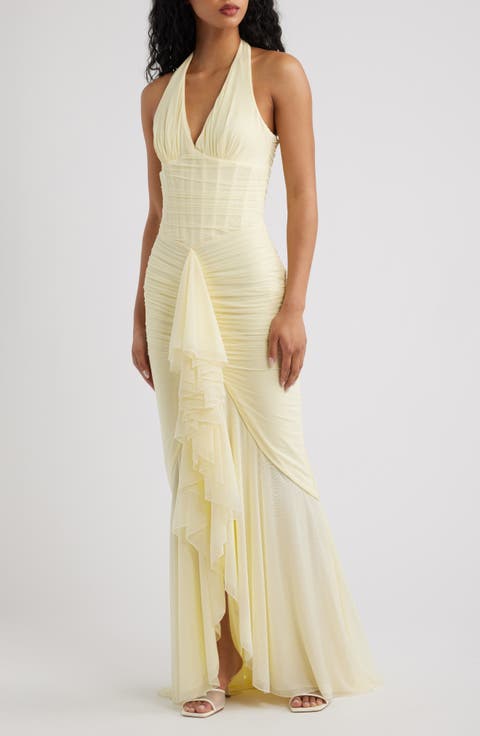 Carmine Ruched Mesh Halter Dress