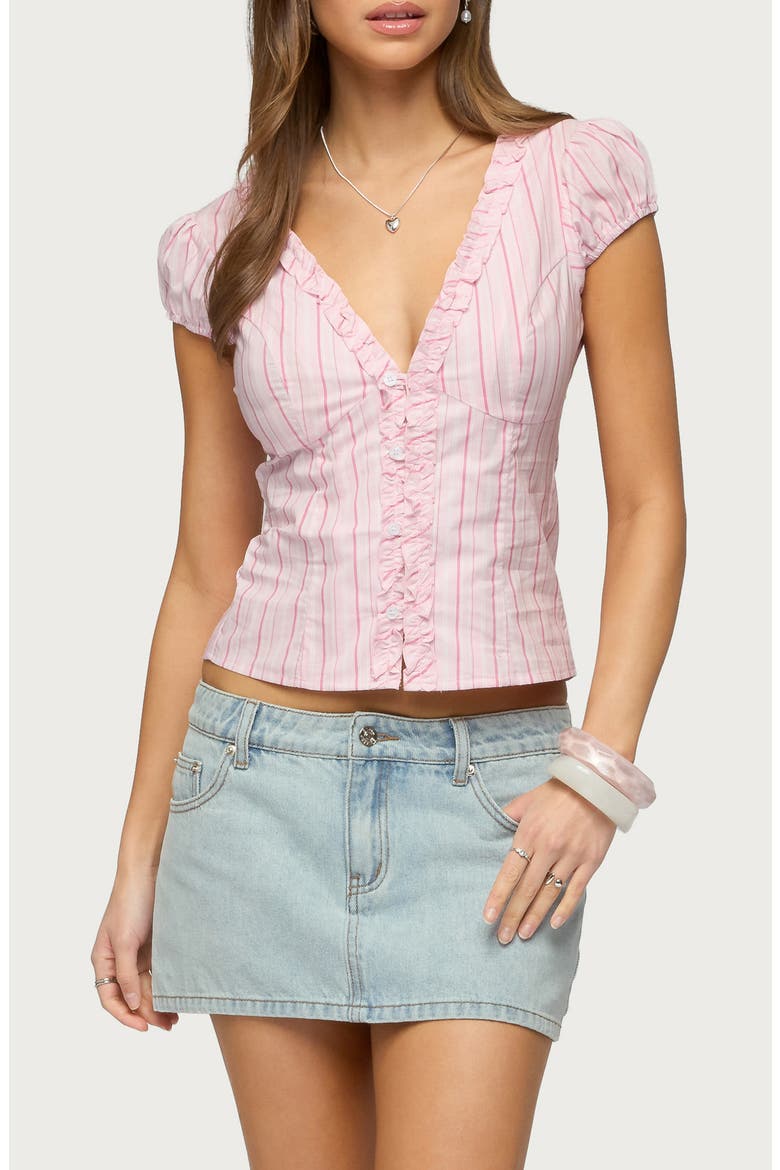Georgia Ruffle Stripe Cotton Button-Up Shirt, Main, color, PINK