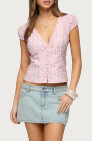 EDIKTED Georgia Ruffle Stripe Cotton Button-Up Shirt