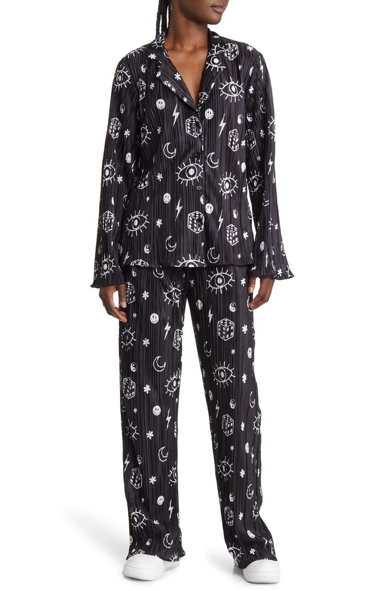 Dressed in Lala Notched Collar Plissé Top & High Waist Pants Set, Main, color, 