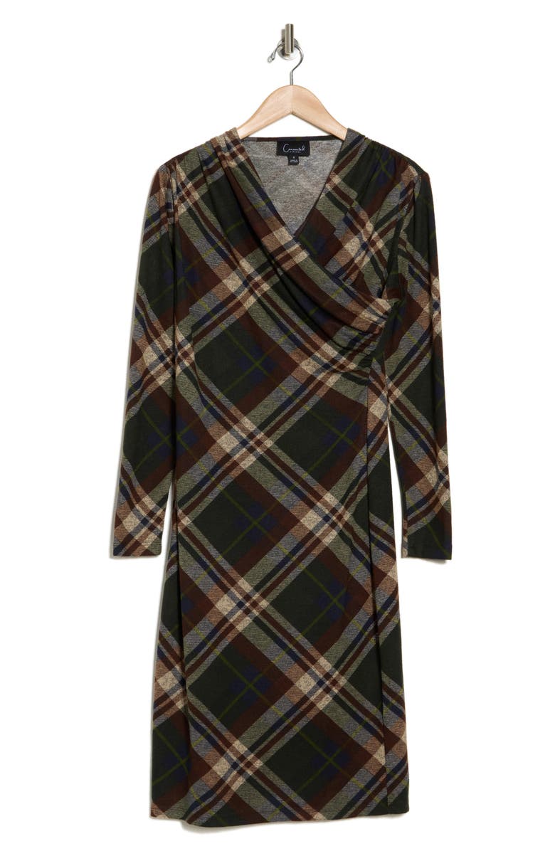 Connected Apparel Plaid Long Sleeve Dress, Alternate, color, Olive