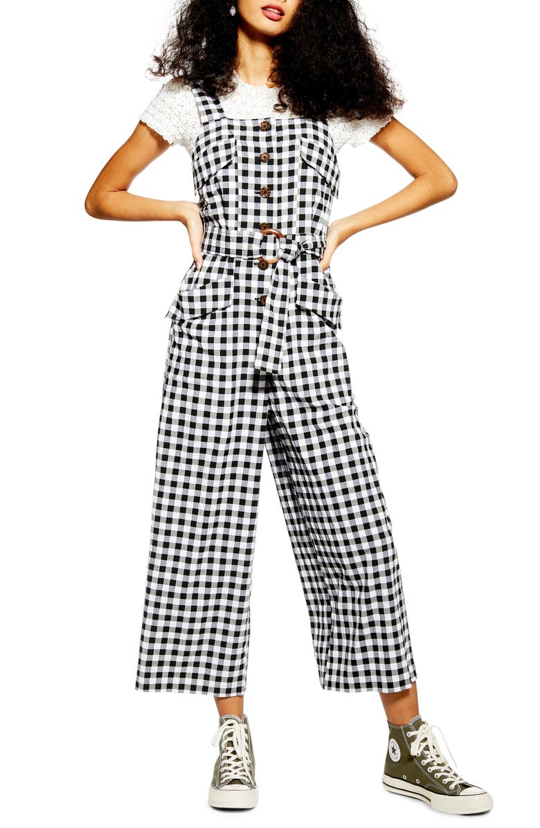 Topshop Gingham Pinafore Jumpsuit, Main, color, 
