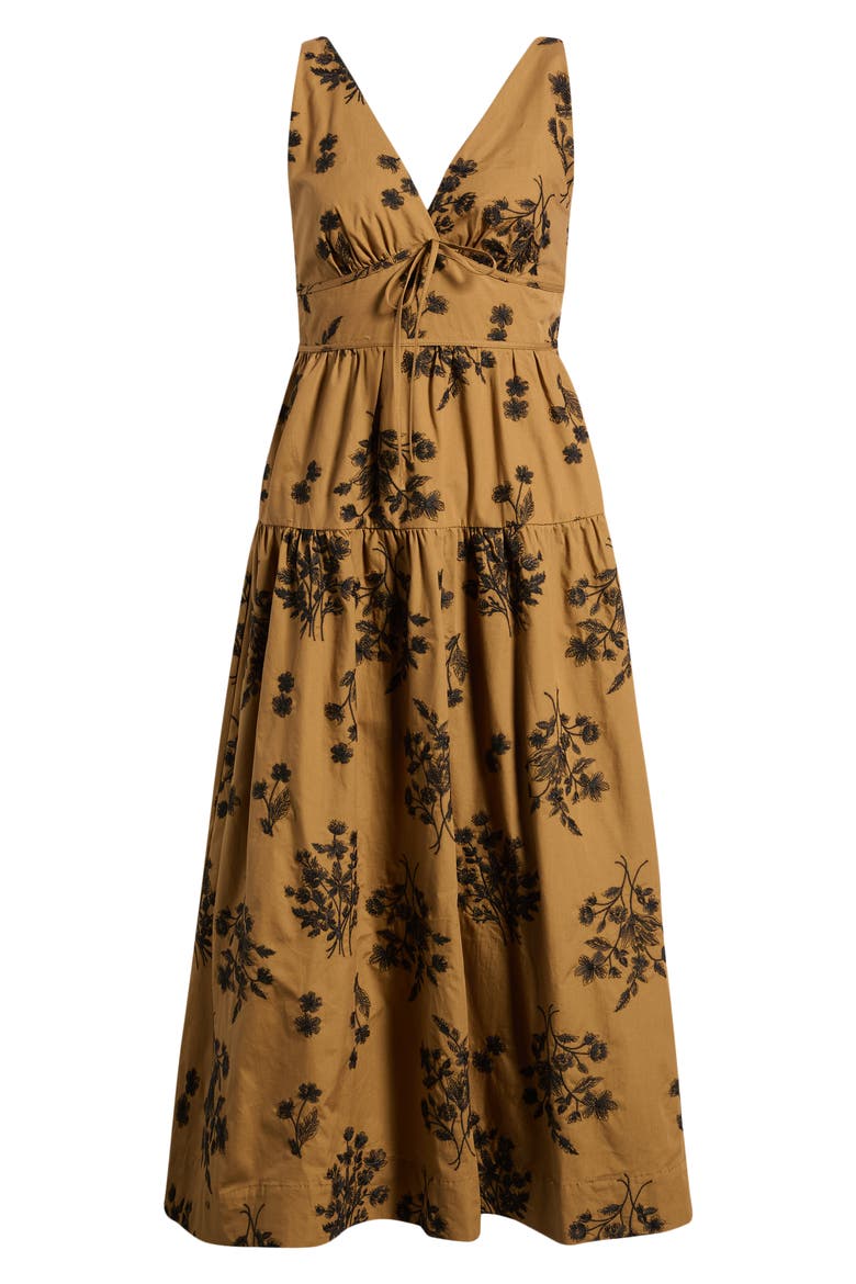 Embroidered Tiered Sleeveless Midi Dress, Alternate, color, CARAMEL