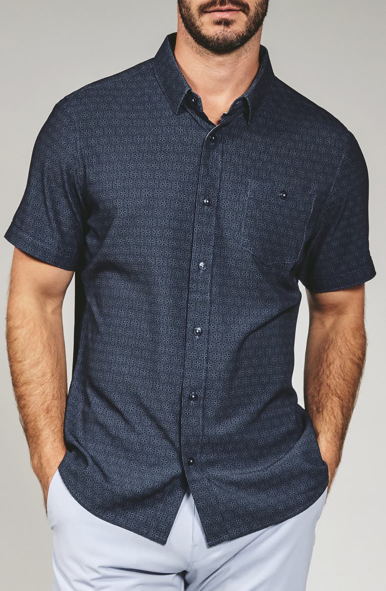 7 Diamonds Teo Textured Geo Pattern Short Sleeve Stretch Button-Up Shirt, Main, color, Navy