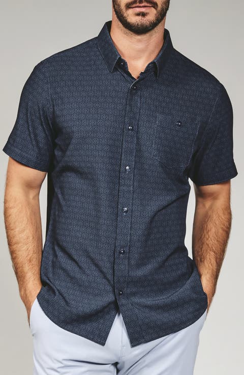 Teo Textured Geo Pattern Short Sleeve Stretch Button-Up Shirt
