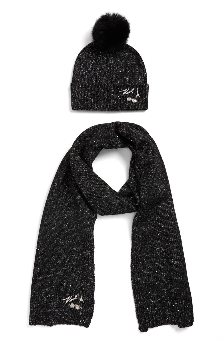 KARL LAGERFELD PARIS Shimmer Pompom Beanie & Scarf Set, Main, color, Black