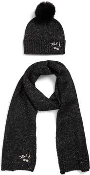 KARL LAGERFELD PARIS Shimmer Pompom Beanie & Scarf Set