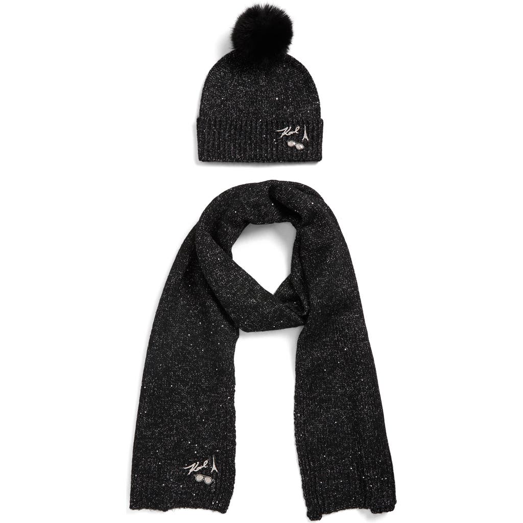 Karl Lagerfeld Paris Shimmer Pompom Beanie & Scarf Set In Black