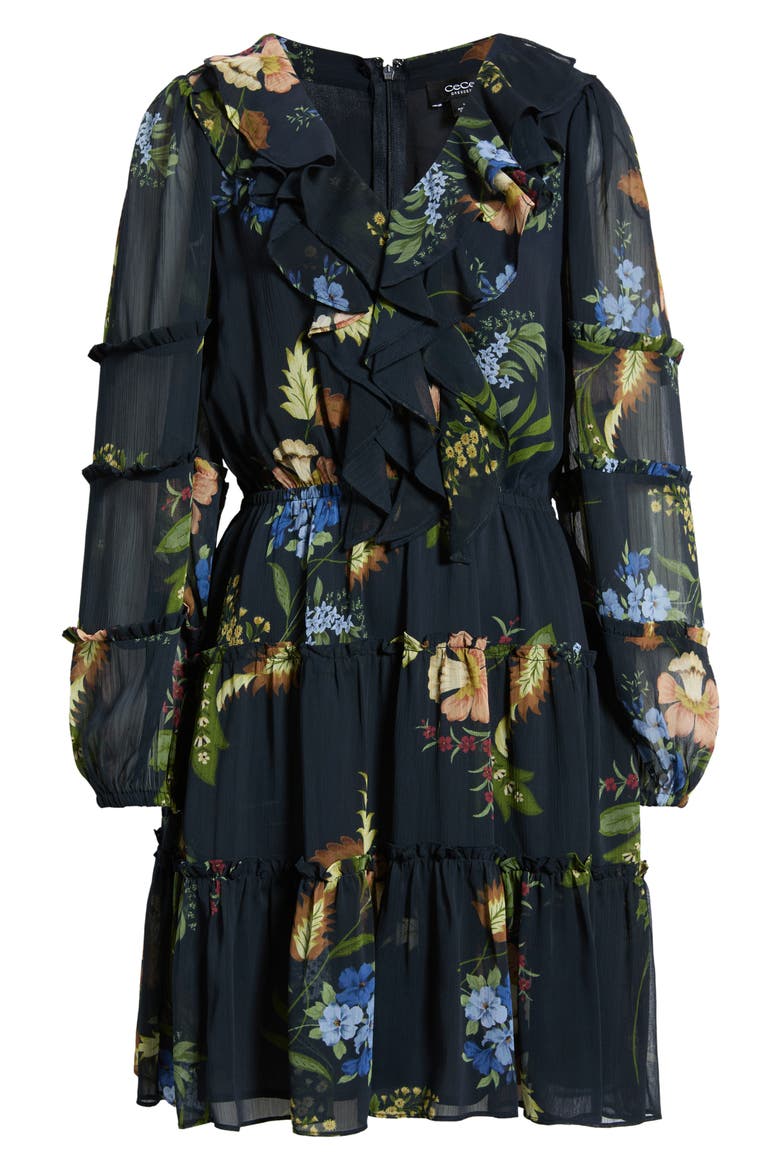 Floral Print Long Sleeve Dress, Main, color, RICH BLACK