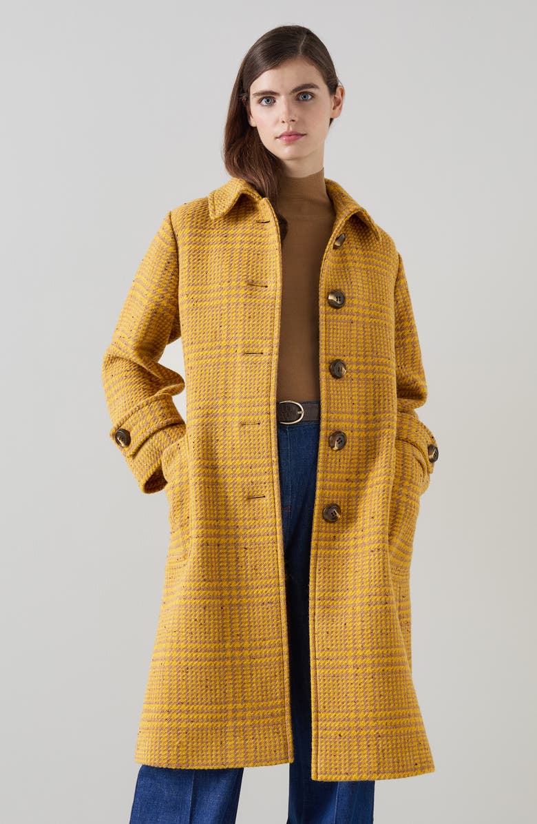 LK Bennett Blythe Check Stretch Wool Blend Coat, Alternate, color, Yellow Multi