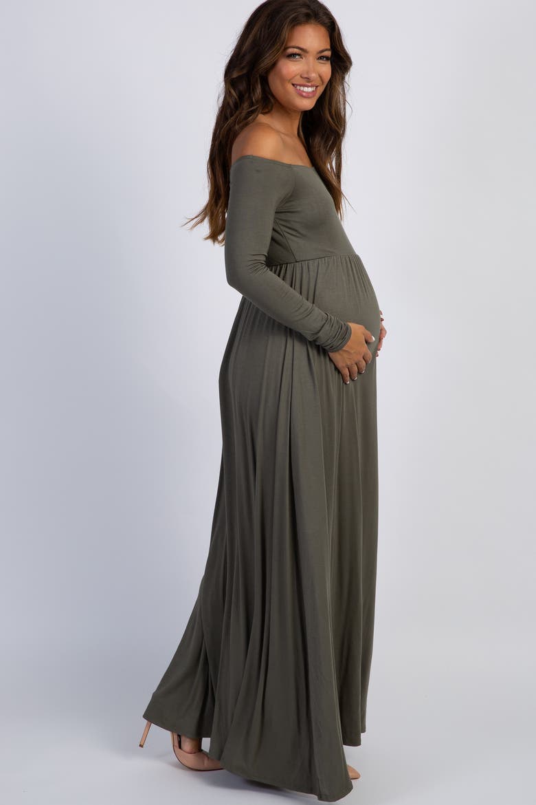 Solid Off Shoulder Maternity Maxi Dress, Alternate, color, Olive Green