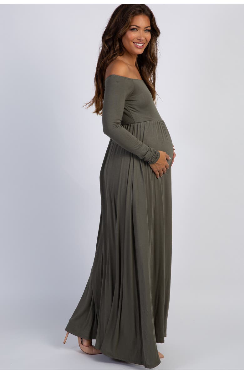 PinkBlush Petite Solid Off Shoulder Maternity Maxi Dress, Alternate, color, Olive Green