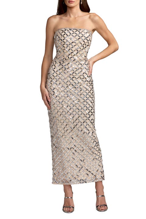 Beaded Mesh Strapless Column Ankle Dress