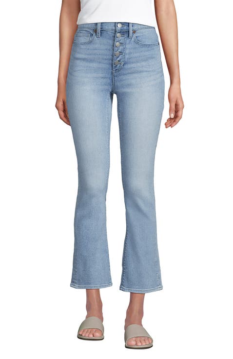 High Rise Denim Button Front Kick Flare Crop Jeans