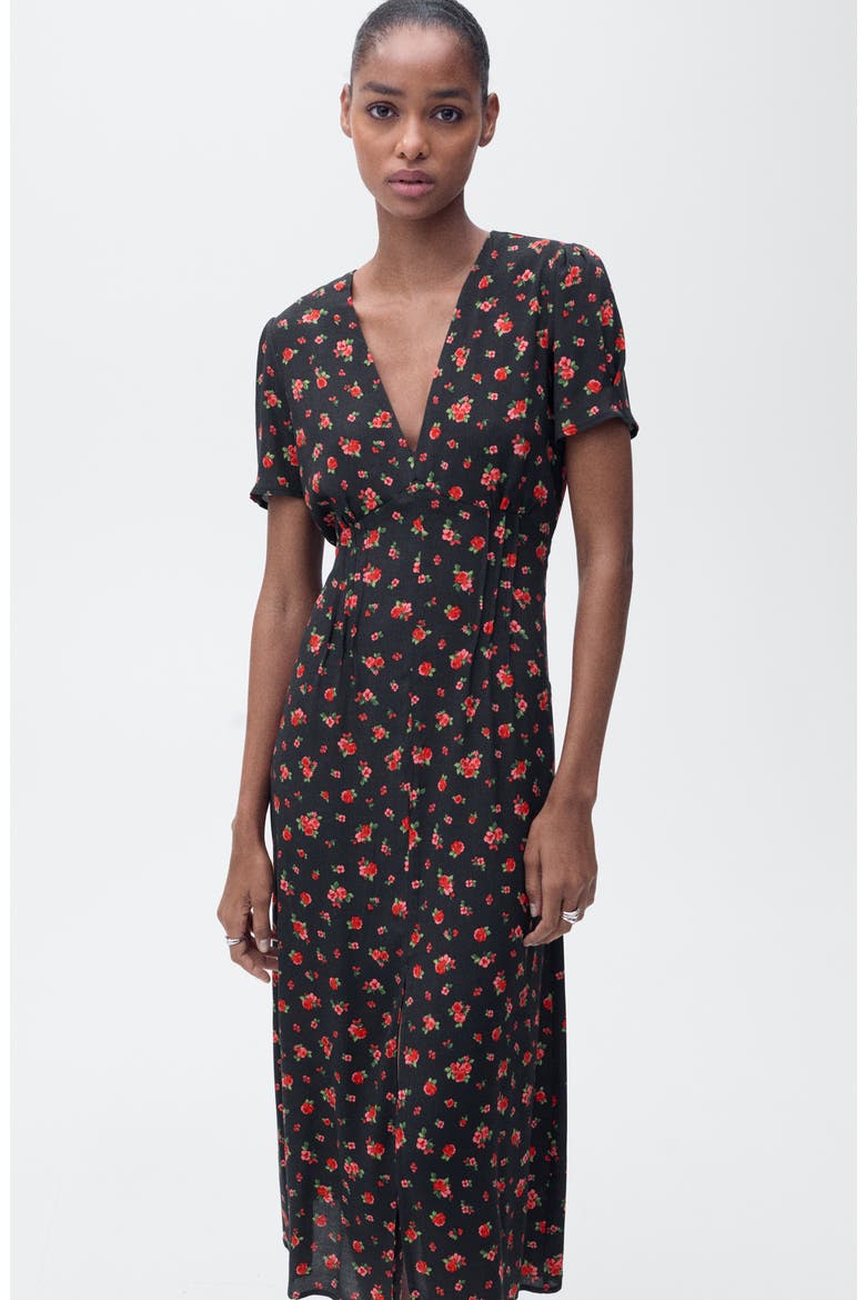 Floral Print Midi Dress, Alternate, color, BLACK