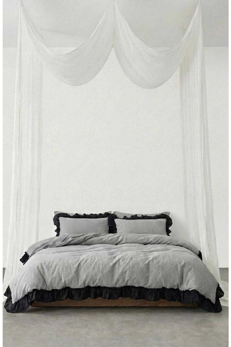 Stripe Ruffle Lace Bedding Set, Alternate, color, Gray Stripe / Ruffle